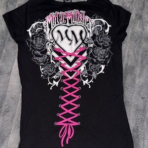 Metal Mulisha Black Tee with Pink Lace-Up and White Graphics